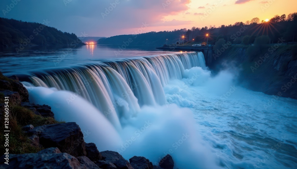 Fototapeta premium Water flowing over dam generating electricity, hydroelectric, stream