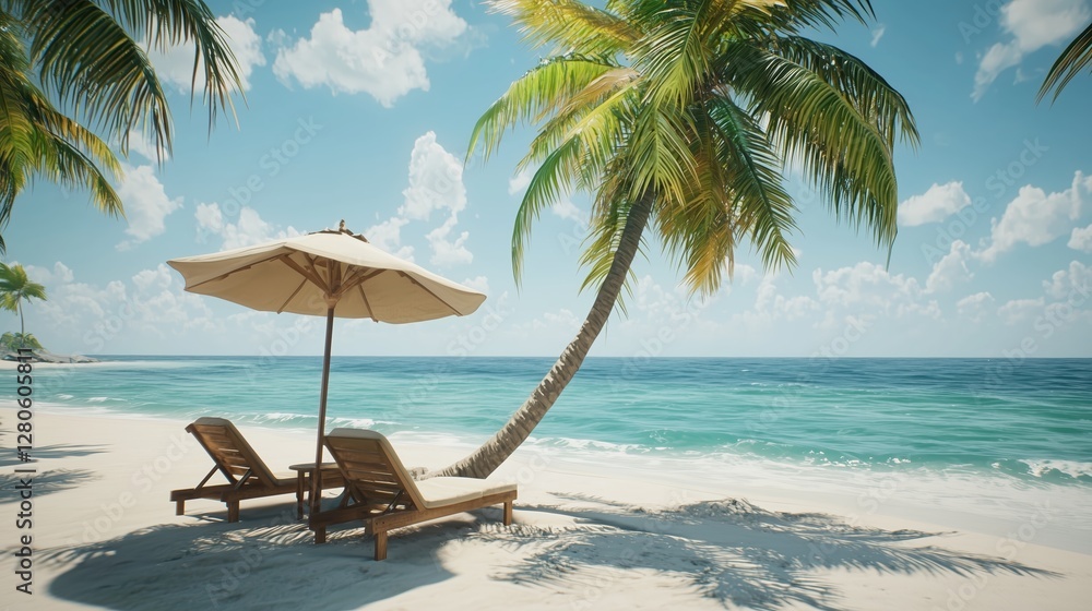 Fototapeta premium Two wooden sun loungers rest under fabric umbrella on breathtaking tropical island. Tall palm tree spreads its lush leaves nearby. Sun loungers overlook crystal-clear waters, ocean waves kiss shore