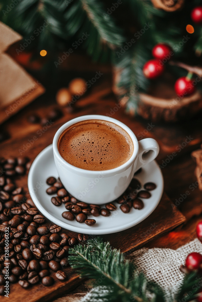 A white cup of steaming coffee placed on a saucer, surrounded by a pile of coffee beans A white cup of steaming coffee placed on a saucer, surrounded by a pile of coffee beans