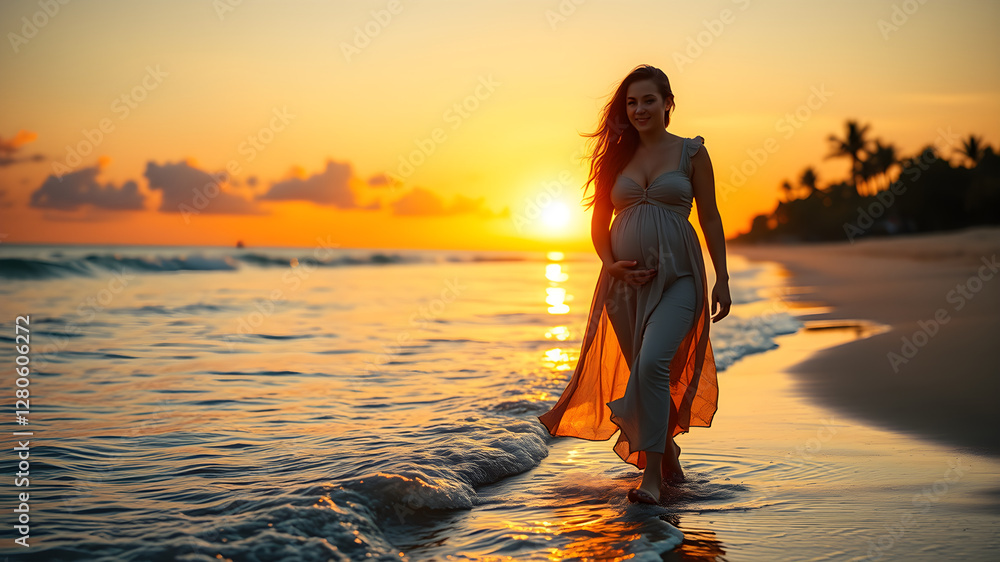 A pregnant woman walks gracefully along a tropical beach at sunset, wearing a flowing summer dress, with soft waves gently touching her feet, radiating peace and serenity. A pregnant woman walks gracefully along a tropical beach at sunset, wearing a flowing summer dress, with soft waves gently touching her feet, radiating peace and serenity.
