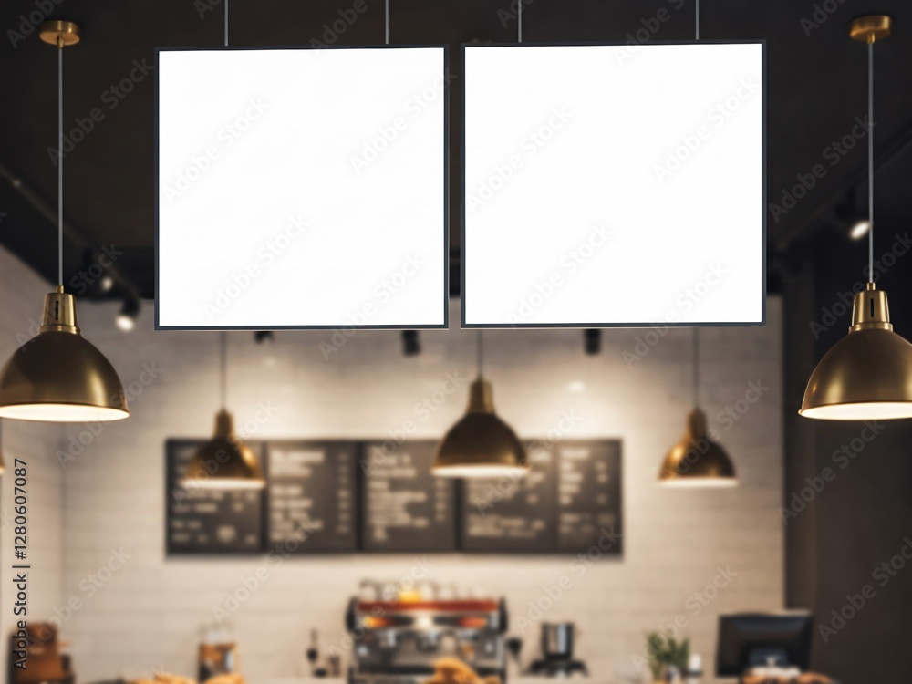 Blank Square Signage Mockup in Cafe Setting. Two blank square signage mockups hang in a cafe interior. Blank Square Signage Mockup in Cafe Setting. Two blank square signage mockups hang in a cafe interior.