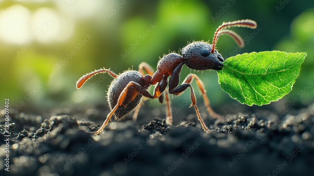 A close-up of an ant carrying a leaf on fertile soil. A close-up of an ant carrying a leaf on fertile soil.