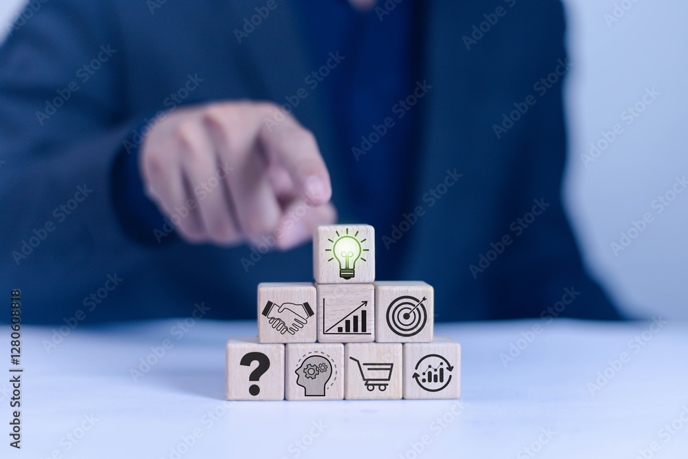 Innovation and inspiration concept wooden blocks with network icons of industry and marketing development. Strategic planning. Modern business and inspiration. Innovation concept. Innovation and inspiration concept wooden blocks with network icons of industry and marketing development. Strategic planning. Modern business and inspiration. Innovation concept.