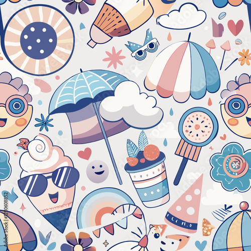 Playful Pattern: A delightful assortment of playful illustrations including ice cream, umbrellas, rainbows, sun, and flowers. Perfect for adding a touch of whimsy and joy to your designs.