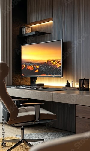 Modern home office with a sleek design and sunset view