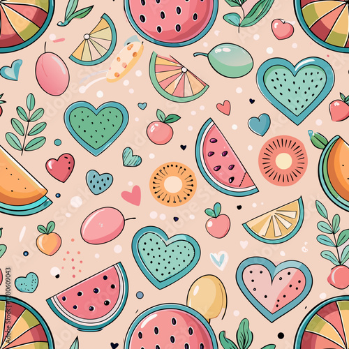 Summer Fruits Pattern: A delightful seamless pattern bursting with a variety of fresh, vibrant fruits and charming heart shapes, evoking feelings of joy, health, and the essence of summer.