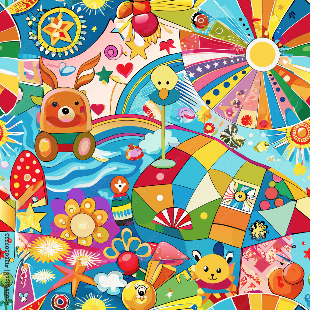 Obraz premium Whimsical Wonderland: A vibrant and imaginative artwork, filled with colorful geometric shapes, friendly characters, rainbows, and whimsical details. Perfect for conveying joy and creativity.
