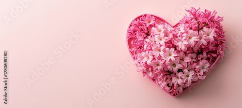 A pink heart-shaped paper cutout with hyacinth flowers on the right side, set against a light pastel background