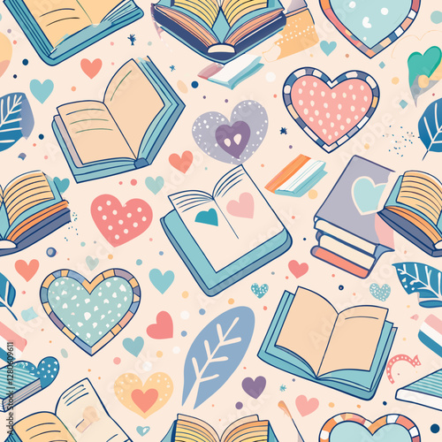 Literary Love: A charming pattern of open books and hearts, perfect for expressing love for reading and learning.