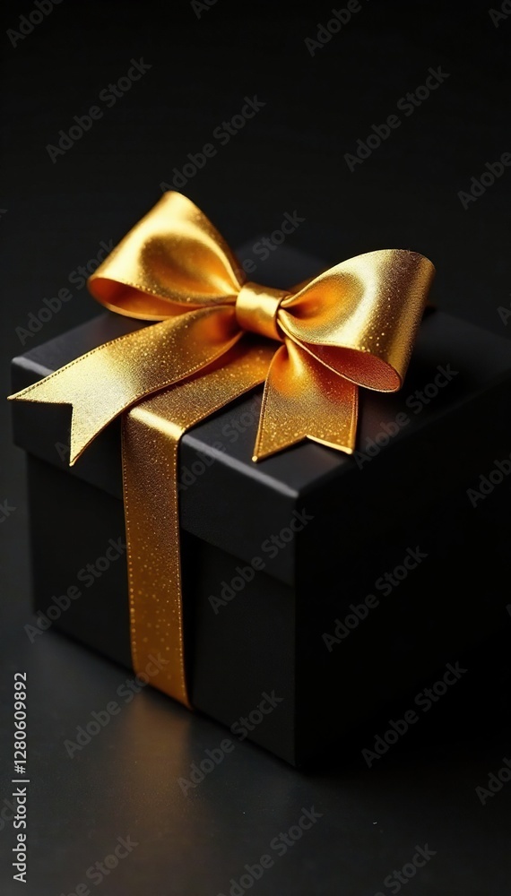 Glittering golden bow tied around a luxurious black box with an air of opulence, opulent, dark, shine Glittering golden bow tied around a luxurious black box with an air of opulence, opulent, dark, shine