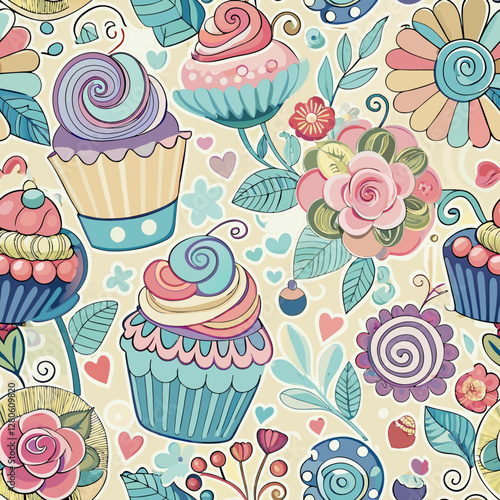 Sweet Garden: A delightful and vibrant illustration showcasing a seamless pattern of cupcakes and floral elements. The cupcakes boast colorful frosting and intricate decorations.