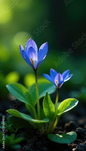 Blue nemophora and purple bellwort grow in shadowy spot, nature, botanical, foliage photo