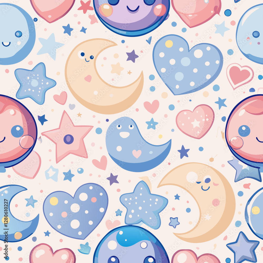 Sweet Dreams: A repeating pattern features a charming assortment of smiling celestial objects, including moons, stars, hearts, and planets, rendered in soft pastel hues. Sweet Dreams: A repeating pattern features a charming assortment of smiling celestial objects, including moons, stars, hearts, and planets, rendered in soft pastel hues.