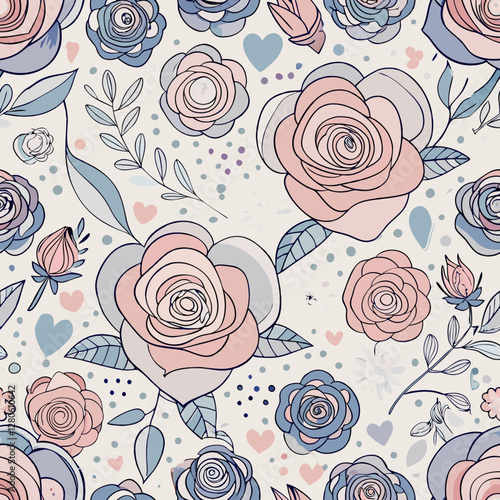 Elegant Floral Pattern: A seamless pattern of delicate roses, hearts, and leaves in a soft, romantic color palette. This design exudes timeless charm and is perfect for various creative projects.