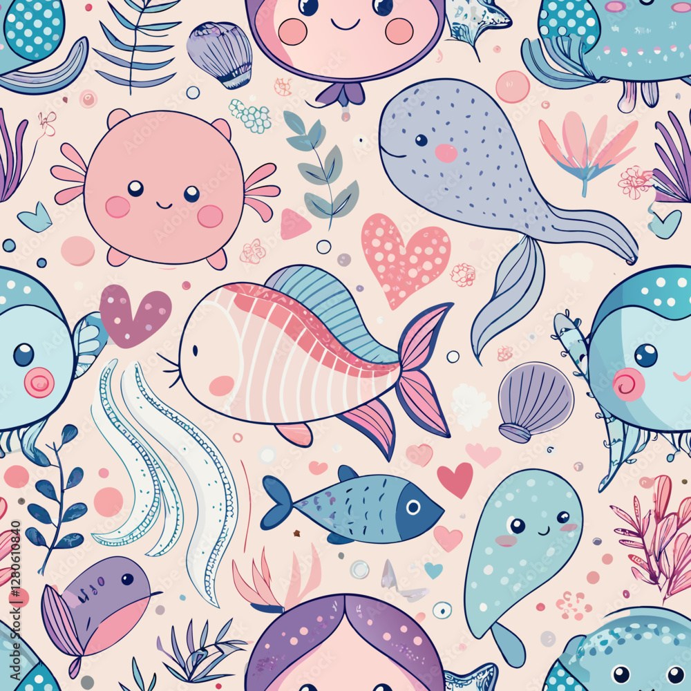 Naklejka premium Underwater Wonderland: A whimsical illustration, showcasing a seamless pattern of adorable marine creatures and elements. Delight in the charming aquatic world filled with playful characters, hearts.