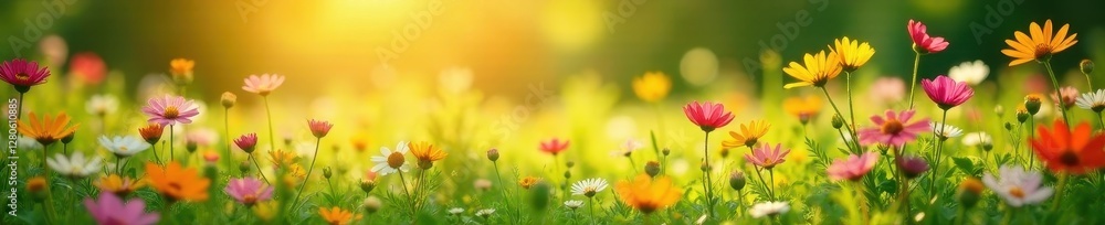 Fototapeta premium Sunlit meadow awash with colorful wildflowers , sunshine, field, outdoor