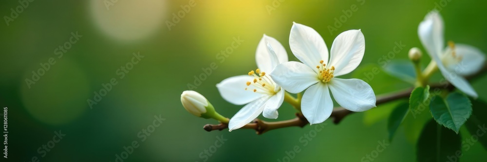 Delicate jasmine flowers unfolding on a branch, jasmine flower, stem, garden Delicate jasmine flowers unfolding on a branch, jasmine flower, stem, garden
