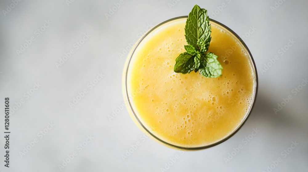 A minimalist approach where a pineapple ginger smoothie is placed against a pure white background with a single fresh mint leaf floating on top A minimalist approach where a pineapple ginger smoothie is placed against a pure white background with a single fresh mint leaf floating on top