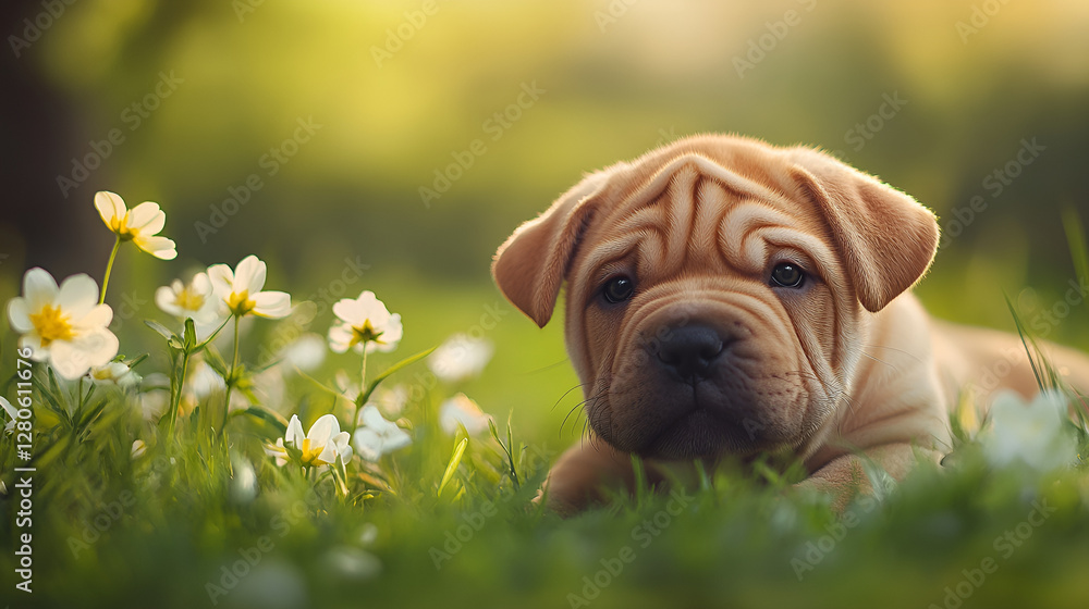 Adorable Puppy Lying on Grass Among Spring Flowers Adorable Puppy Lying on Grass Among Spring Flowers
