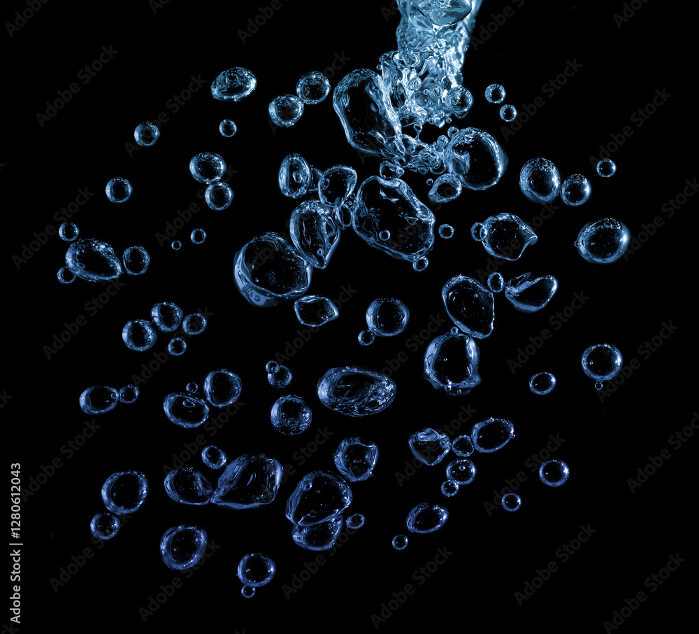 Close-up of blue bubbles underwater. Underwater oxygen design concept. Close-up of blue bubbles underwater. Underwater oxygen design concept.