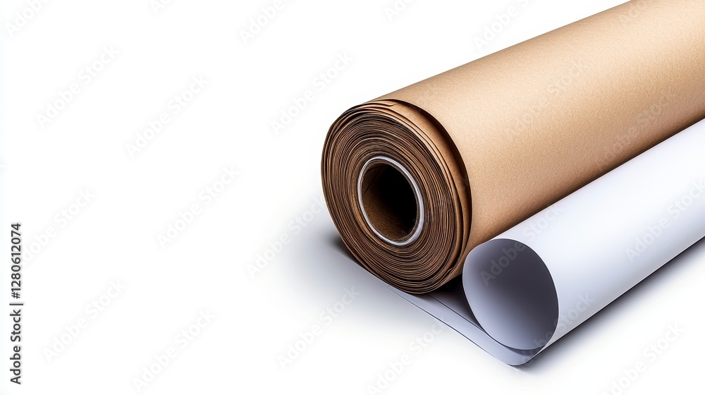 Brown Kraft Paper Roll and White Paper Roll on White Background Brown Kraft Paper Roll and White Paper Roll on White Background