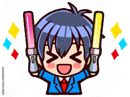 ライブでペンライトを振るちびキャラ制服男子のイラスト素材