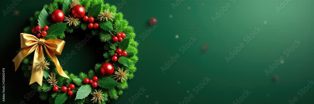 Evergreen wreath with golden bow and lush green holly, greenery, golden bow Evergreen wreath with golden bow and lush green holly, greenery, golden bow