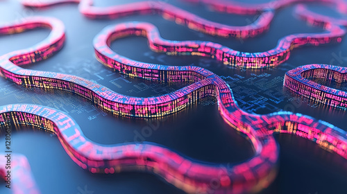Innovative digital circuit design studio graphic art futuristic setting close-up view technology concept