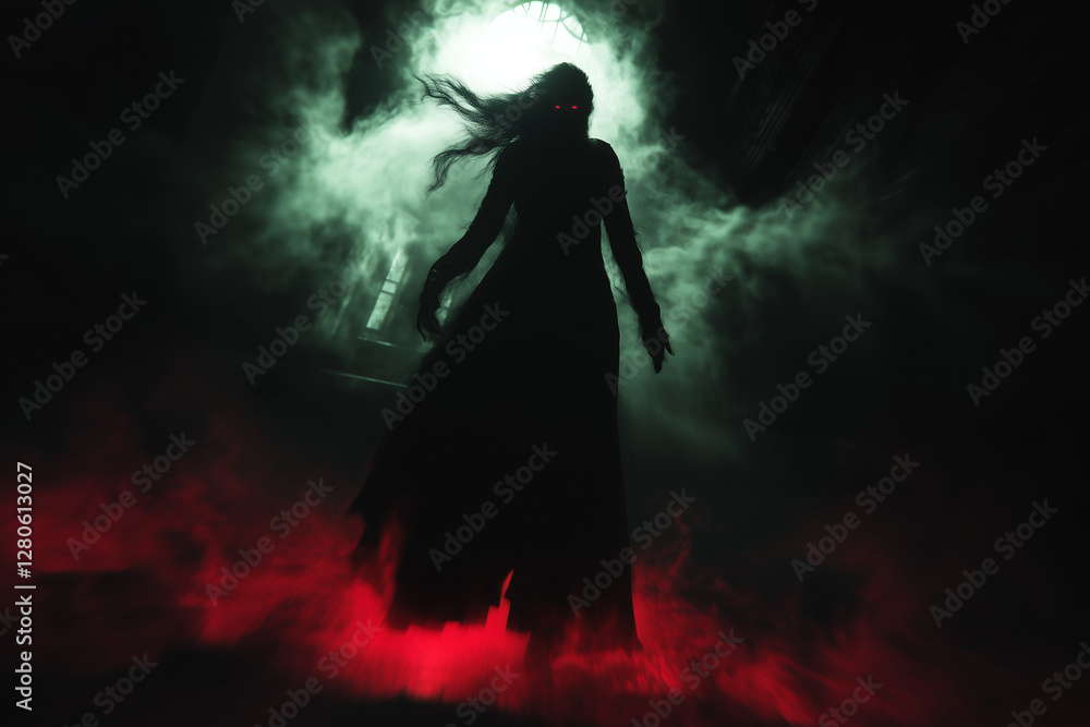 A terrifying ghostly woman a banshee on a dark background.. A terrifying ghostly woman a banshee on a dark background..