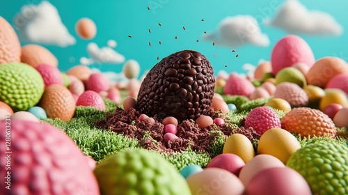 A whimsical scene featuring a large chocolate egg surrounded by colorful candy eggs on a grassy landscape under a bright sky. photo