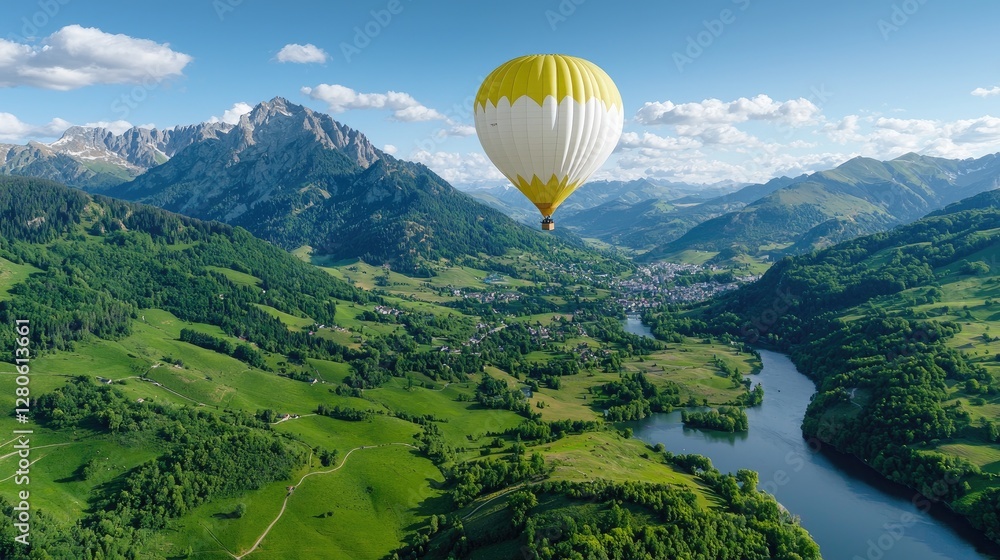 Naklejka premium Hot air balloon over valley, mountain range, sunny day, aerial view, travel destination