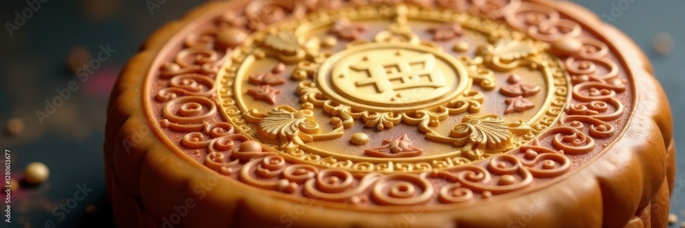 Close-up view, ornate mooncake with intricate designs, round, celebration Close-up view, ornate mooncake with intricate designs, round, celebration