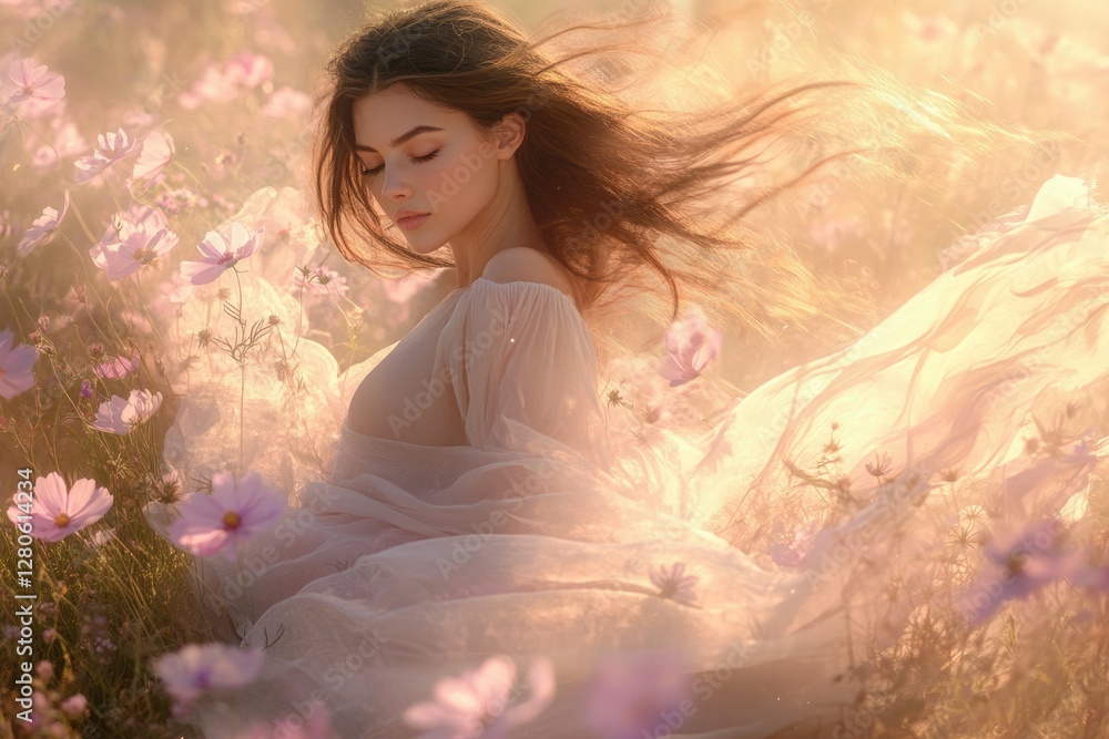 Serene woman in flowing dress amidst a field of cosmos flowers bathed in golden sunlight. Serene woman in flowing dress amidst a field of cosmos flowers bathed in golden sunlight.