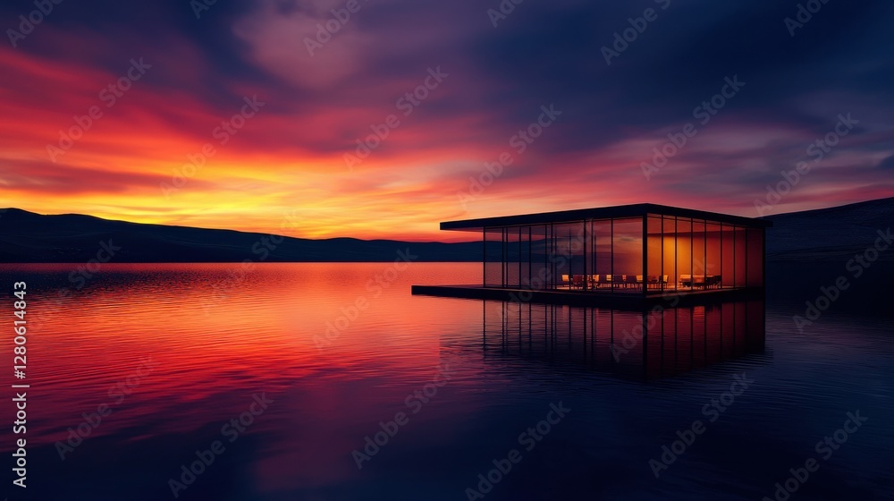 A stunning sunset casts vibrant colors over water, highlighting a modern glass structure on the shore, creating a serene and picturesque landscape.