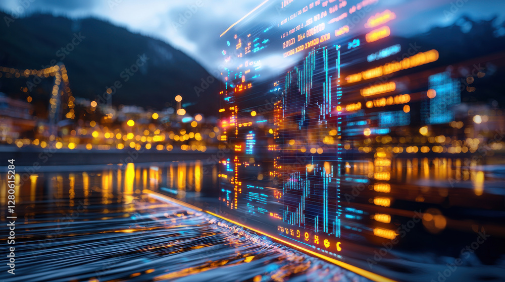 Obraz premium digital display of financial data reflects over cityscape at night, showcasing vibrant lights and dynamic atmosphere. scene captures intersection of technology and urban life
