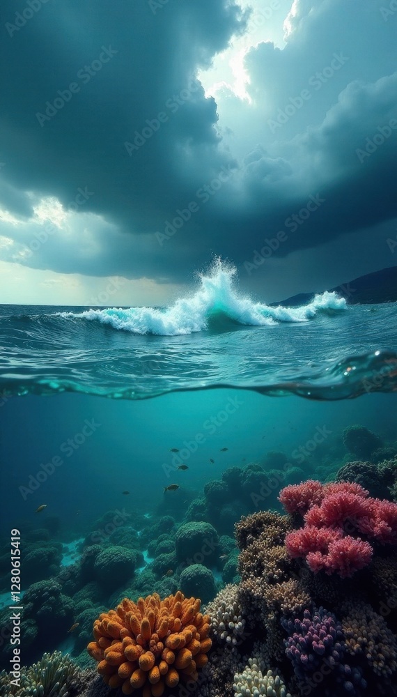 Naklejka premium Turbulent storm clouds, raging waves above tranquil coral reef teeming with fish, tropical, hurricane