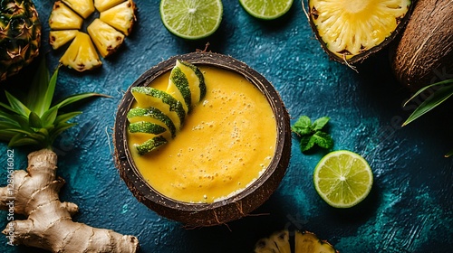 A tropical composition with a whole pineapple, ginger root, and fresh lime slices surrounding a vibrant smoothie in a coconut shell