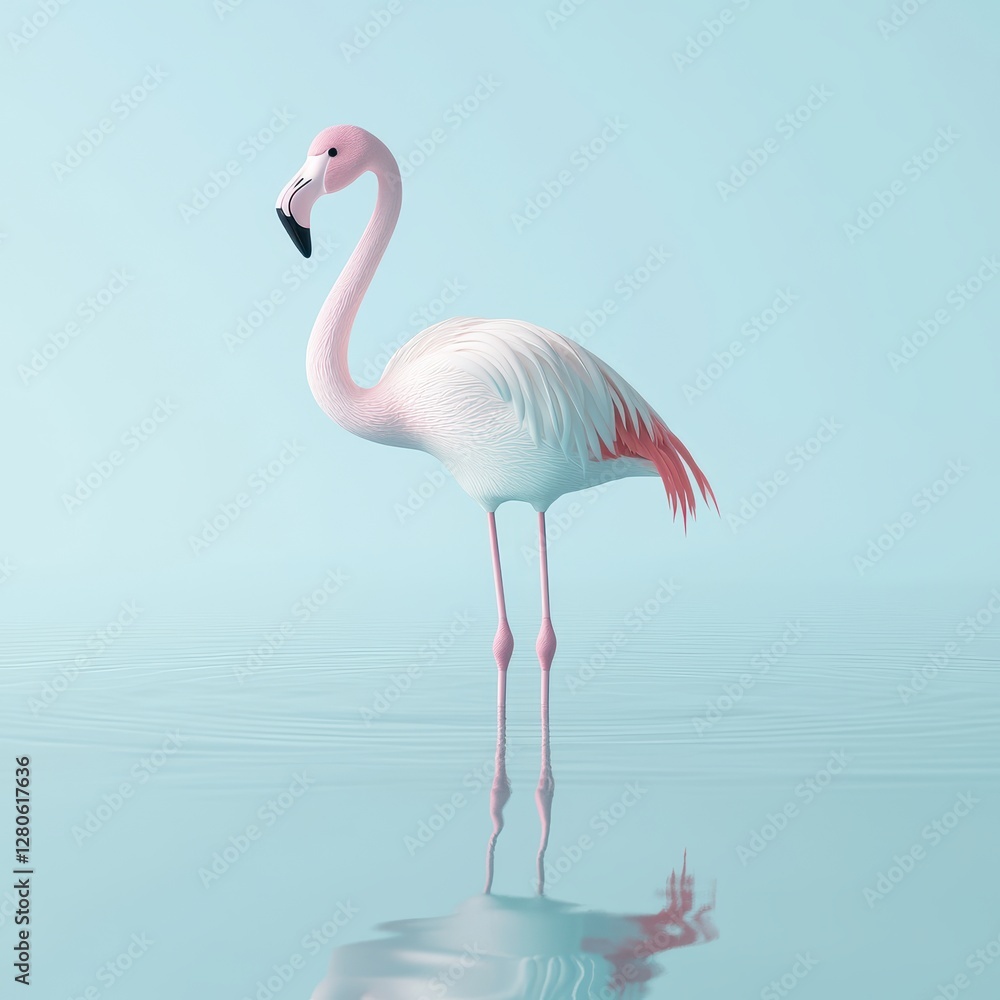Obraz premium Elegant Pink Flamingo Standing in Calm Blue Water Minimalist Tropical Bird Scene