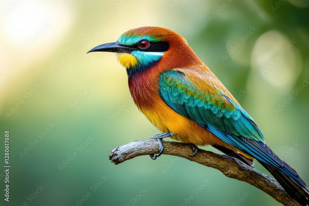 Obraz premium A vibrant Rainbow-colored bird perched on a branch, showcasing its brilliant plumage and striking red eye.