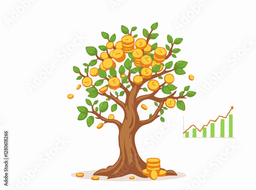 Growing Wealth: Money Tree and Investment Charts Vector Illustration
