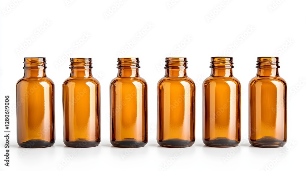 Row of Six Amber Glass Bottles on White Background Ideal for Product Packaging or Mockups Row of Six Amber Glass Bottles on White Background Ideal for Product Packaging or Mockups