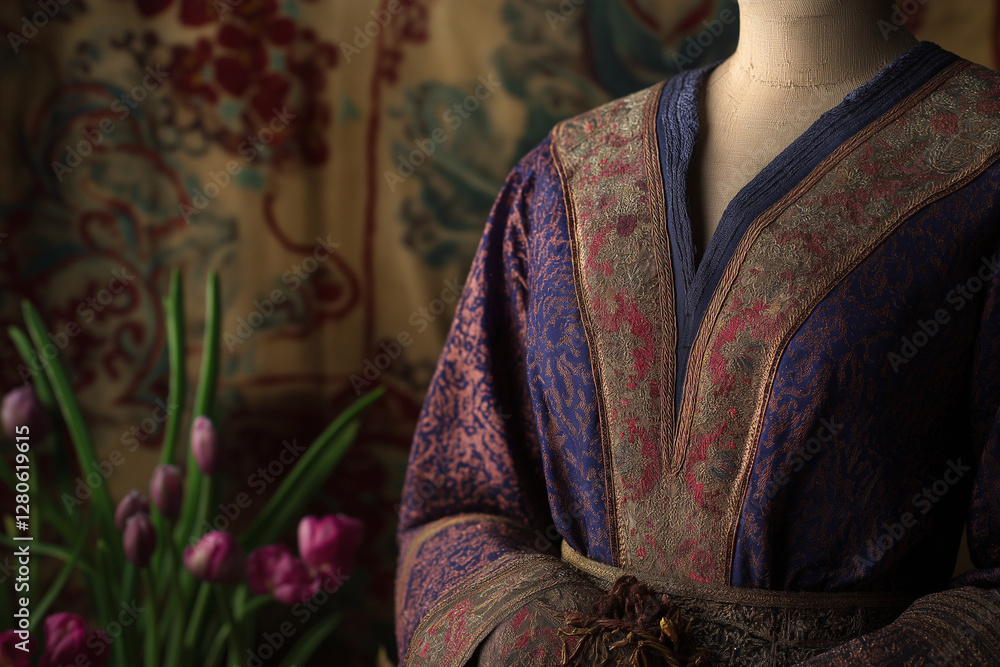 Fototapeta premium Nowruz celebration with traditional Persian dress on mannequin, vibrant embroidery