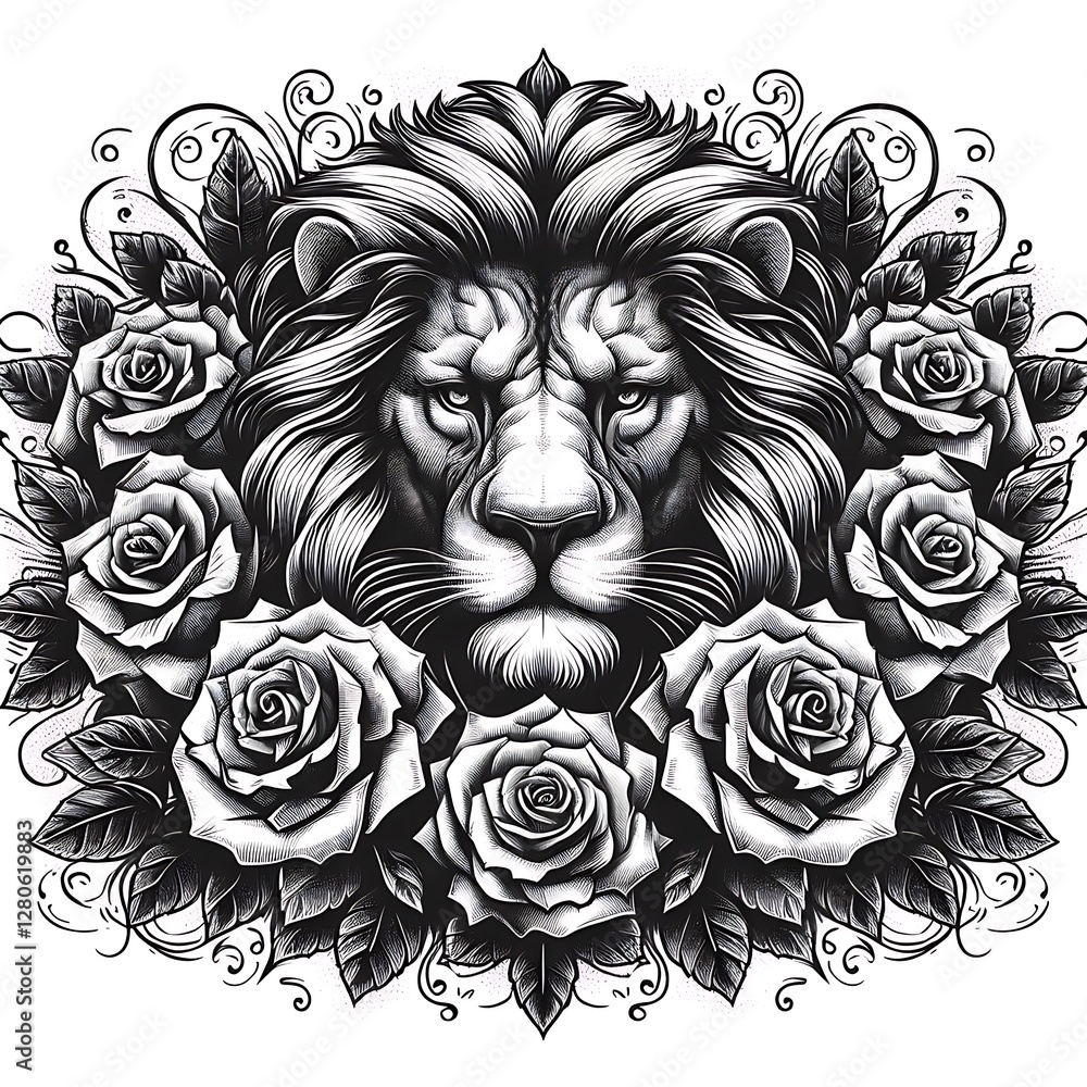 A detailed black and white illustration depicts a lion's head surrounded by roses and ornate scrollwork A detailed black and white illustration depicts a lion's head surrounded by roses and ornate scrollwork