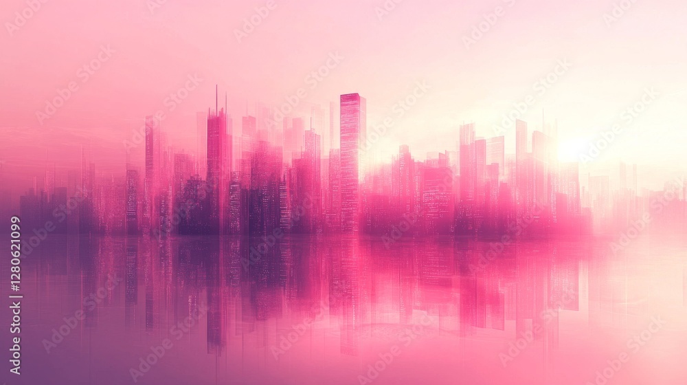 Futuristic Pink City Skyline with Reflection Futuristic Pink City Skyline with Reflection