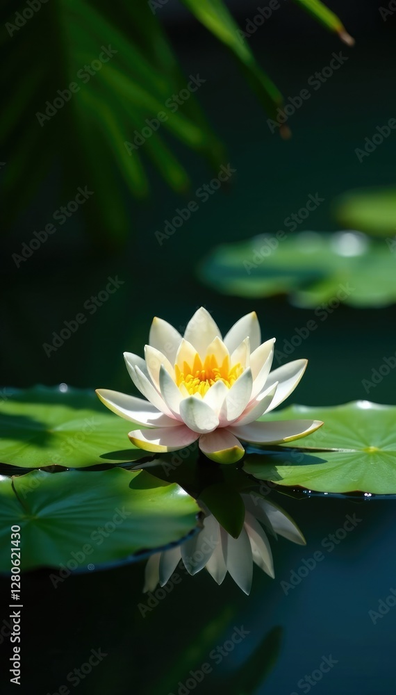 Serene water lily pad with green leaves reflected in calm water beneath a palm tree's shadow, Nymphaea lotus, water, tropical Serene water lily pad with green leaves reflected in calm water beneath a palm tree's shadow, Nymphaea lotus, water, tropical