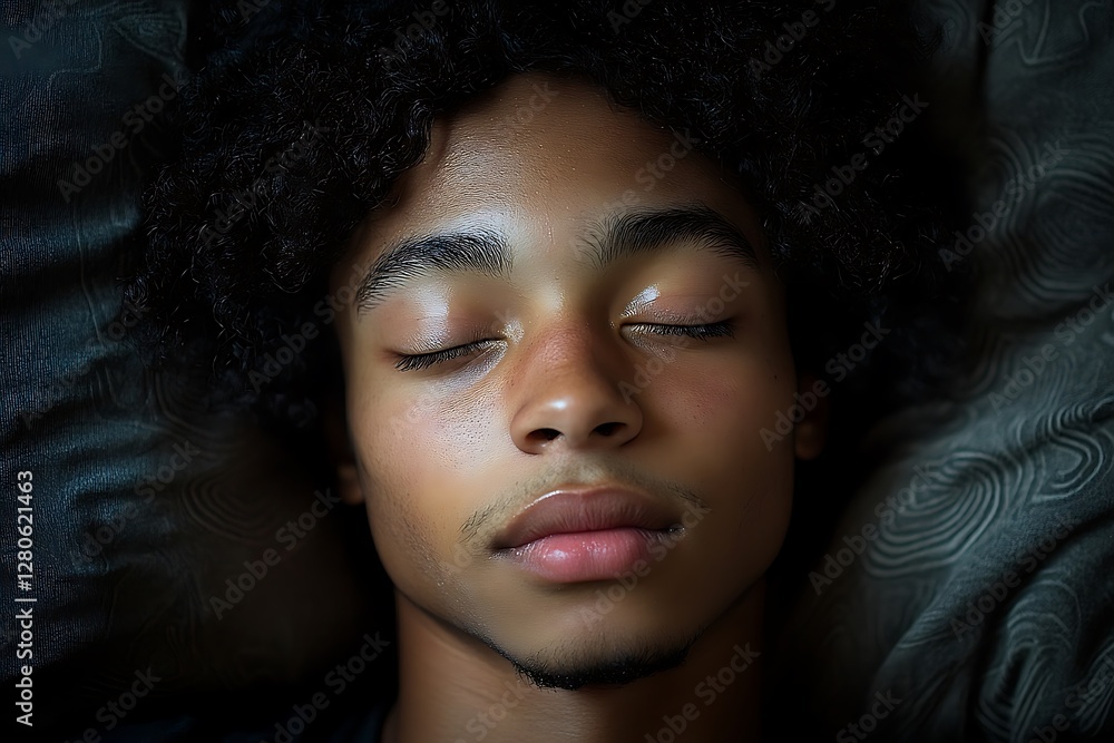 Close-up of a young person sleeping on a dark pillow. Possible use For sleep studies or wellness campaigns Close-up of a young person sleeping on a dark pillow. Possible use For sleep studies or wellness campaigns