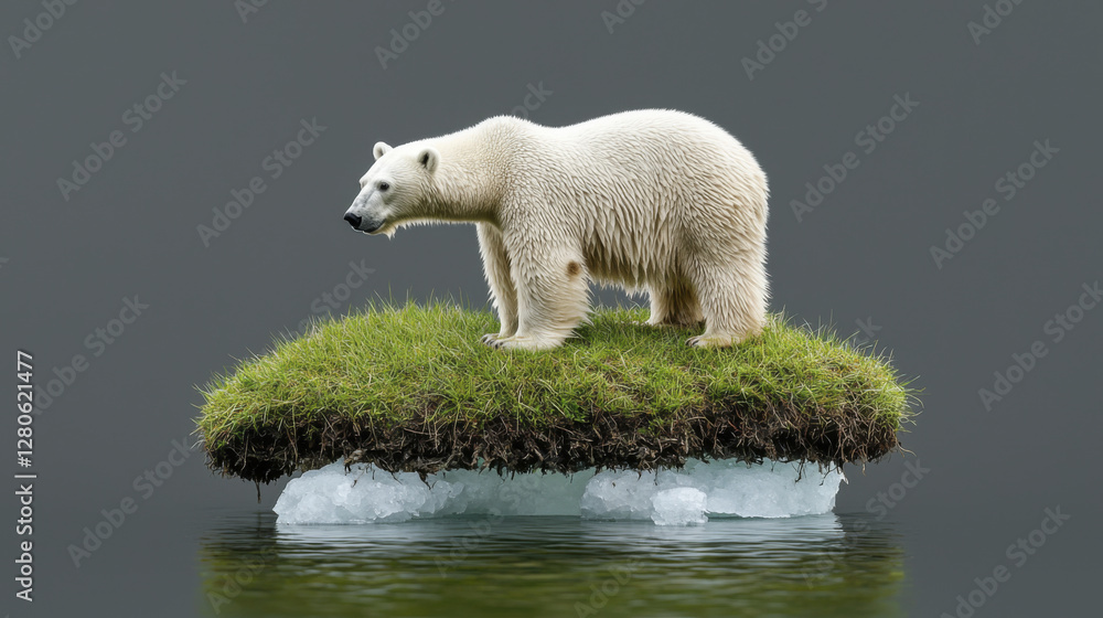polar bear stands on grassy island surrounded by water, showcasing its natural habitat polar bear stands on grassy island surrounded by water, showcasing its natural habitat