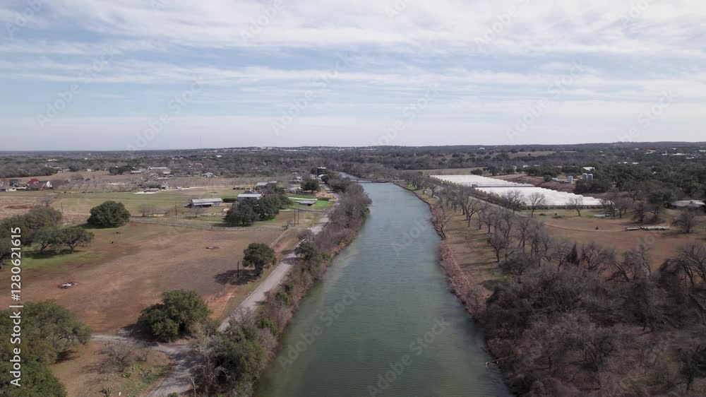 Aerial view of the Blanco River outside of Blanco, Texas in the winter Aerial view of the Blanco River outside of Blanco, Texas in the winter