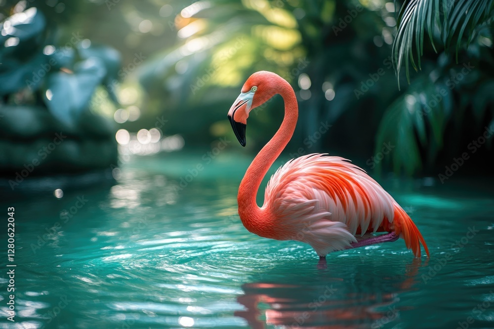 Fototapeta premium A vibrant flamingo stands gracefully in a teal pond, surrounded by lush green tropical foliage.