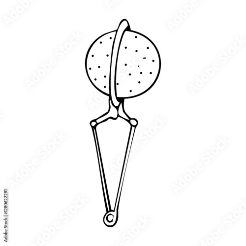 Tea infuser metal with handle line doodle drawing. Device for brewing or infusing leaf tea and herbal drinks sketchy hand drawn. 